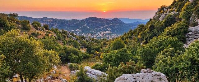 Sunset over the Douma valley from the trail above the property.