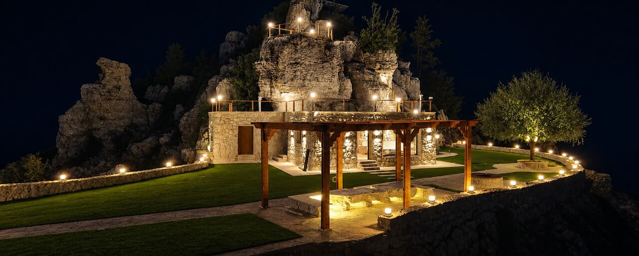 Cap de Douma at night: the stone buildings and pergola lit from below, set against the dark limestone ridge.