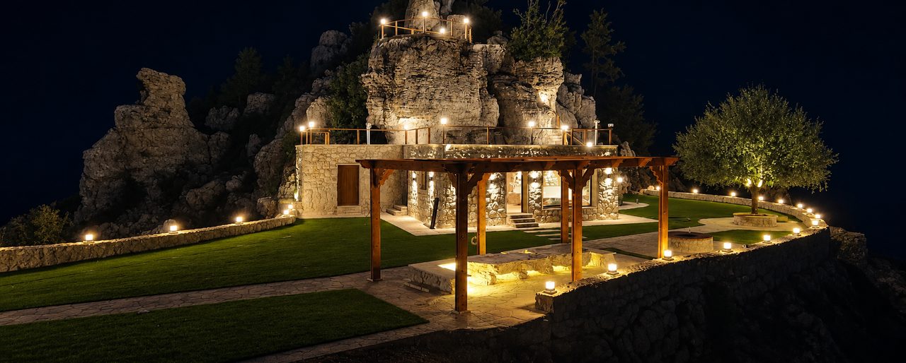 Cap de Douma at night: the stone buildings and pergola lit from below, set against the dark limestone ridge.