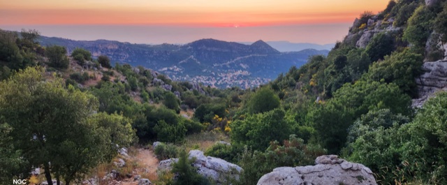 Sunset over the Douma valley from the trail above the property.